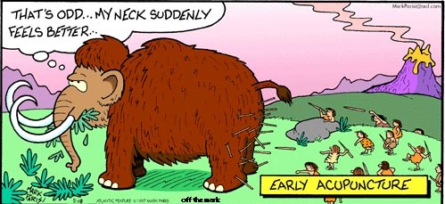 A comic depicting a woolly Mammoth saying "that's odd... my neck suddenly feels better" behind him we see cave people throwing spears into his legs and butt
